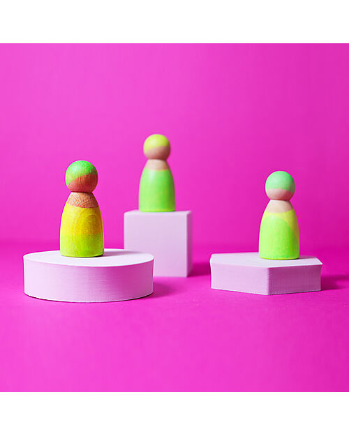 Grimm's Wooden Toy Neon Friends - 3 Peg Dolls - Green Montessori Toys