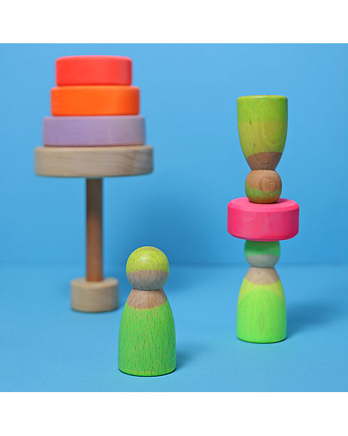 Grimm's Wooden Toy Neon Friends - 3 Peg Dolls - Green Montessori Toys
