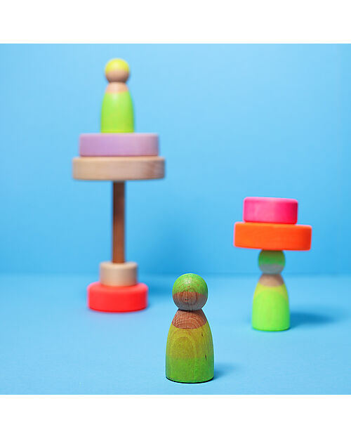 Grimm's Wooden Toy Neon Friends - 3 Peg Dolls - Green Montessori Toys