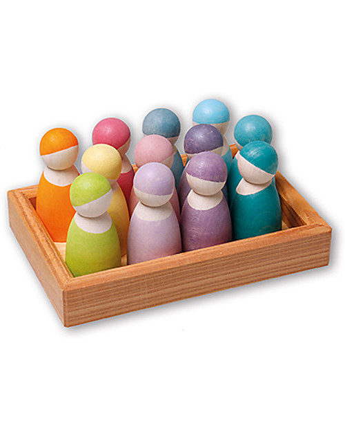Grimm's Wooden Toy Pastel Rainbow Friends - 12 coloured peg dolls Montessori Toys