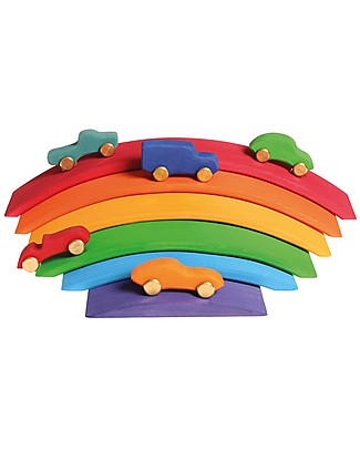 Grimm's Wooden Toy Rainbow Bridge - 6 colourful roads for little cars! Montessori Toys