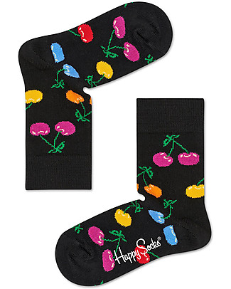 Happy Socks Kids Black Socks, Cherry - Elasticated Cotton Socks