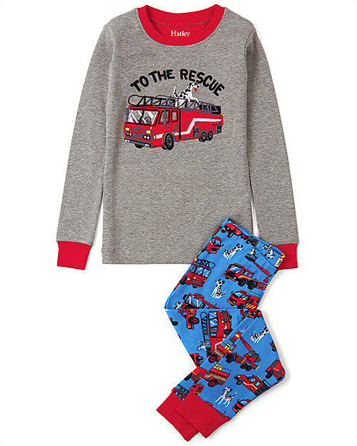 Hatley Slim Line PJs Set with Applique, Fire Trucks - 100% Organic cotton Pyjamas