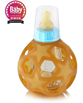Hevea Blue 2 in 1 Baby Bottle and Toy Star Ball - 150 ml Glass Bottle + Natural Rubber Ball - Safe, nontoxic, ideal for little hands! Glass Baby Bottles