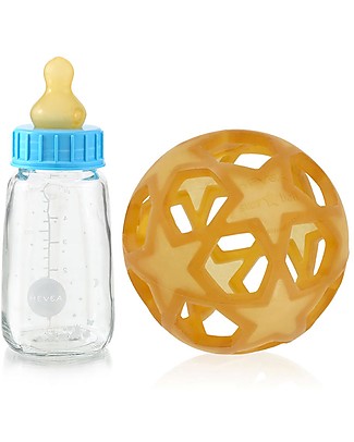 Hevea Blue 2 in 1 Baby Bottle and Toy Star Ball - 150 ml Glass Bottle + Natural Rubber Ball - Safe, nontoxic, ideal for little hands! Glass Baby Bottles