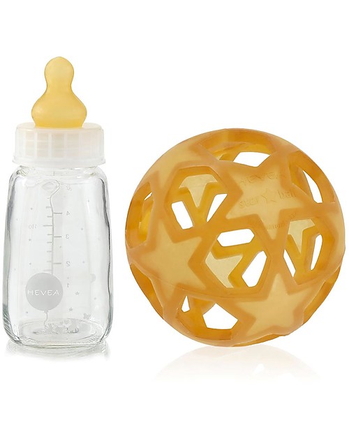 Hevea White 2 in 1 Baby Bottle and Toy Star Ball - 150 ml Glass Bottle + Natural Rubber Ball - Safe, nontoxic, ideal for little hands! Baby Bottles Accessories