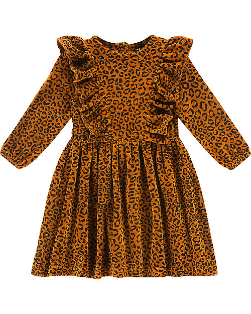 House of Jamie Front Ruffled Dress, Golden Brown Leopard - Elasticated Organic Cotton Dresses_
