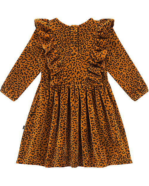 House of Jamie Front Ruffled Dress, Golden Brown Leopard - Elasticated Organic Cotton Dresses_