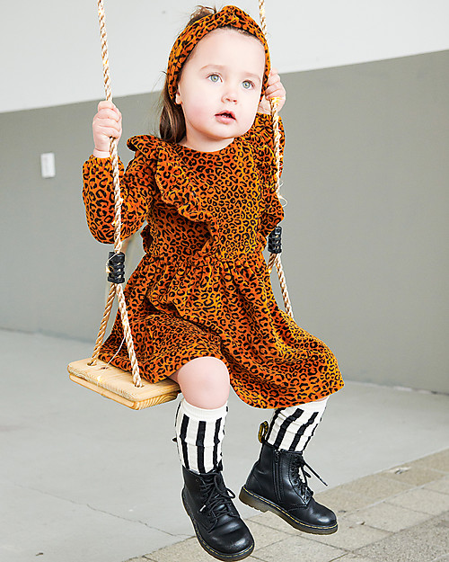 House of Jamie Front Ruffled Dress, Golden Brown Leopard - Elasticated Organic Cotton Dresses_