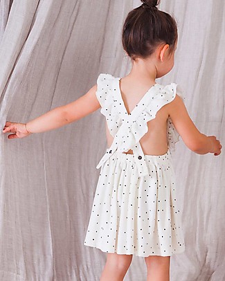 House of Jamie Ruffled Salopette Dress - Cream Black Dots - Organic cotton terry Dresses