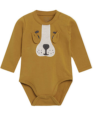 Hust&Claire Buster Long Sleeves Bodystocking with Applique and Ears - Dog Ochre - Stretchy cotton Long Sleeves Bodies