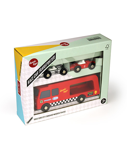 Ikonic Toys Wooden Race Car Transporter - Includes 2 race cars! Wooden Toy Cars, Trains & Trucks