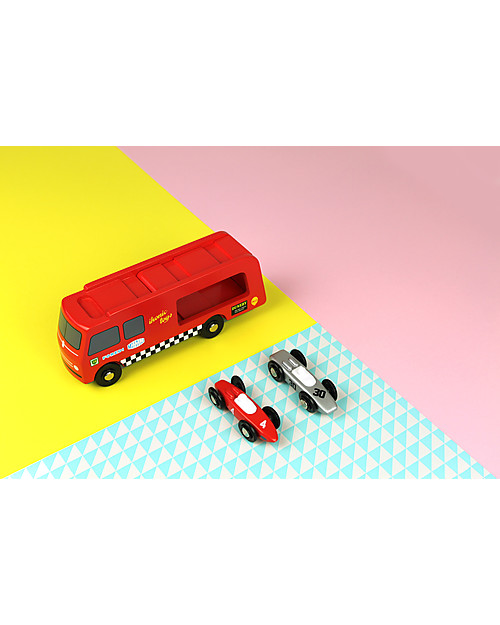 Ikonic Toys Wooden Race Car Transporter - Includes 2 race cars! Wooden Toy Cars, Trains & Trucks