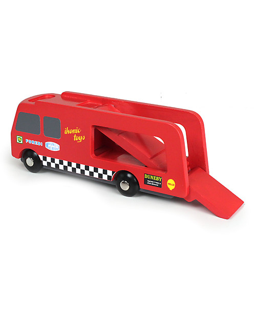 Ikonic Toys Wooden Race Car Transporter - Includes 2 race cars! Wooden Toy Cars, Trains & Trucks