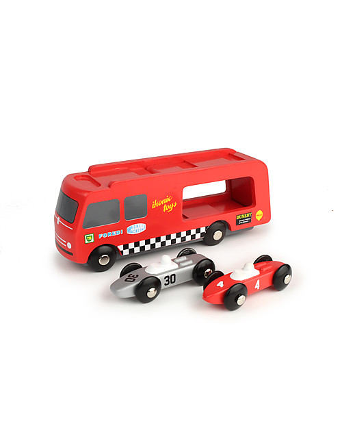 Ikonic Toys Wooden Race Car Transporter - Includes 2 race cars! Wooden Toy Cars, Trains & Trucks