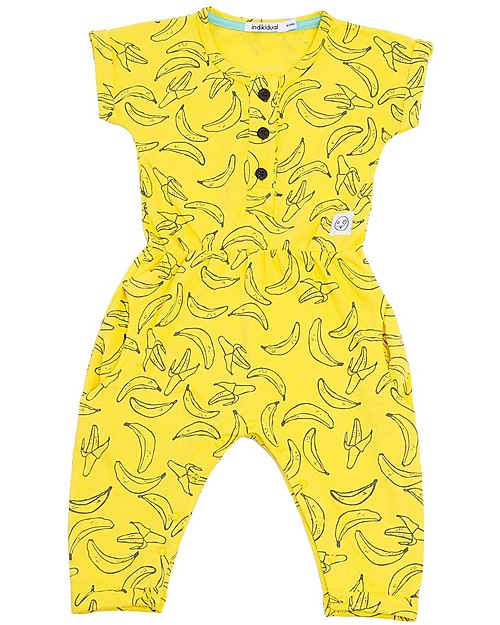 Indikidual Fugu, Banan Print Jumpsuit, Yellow - 100% organic cotton Babygrows