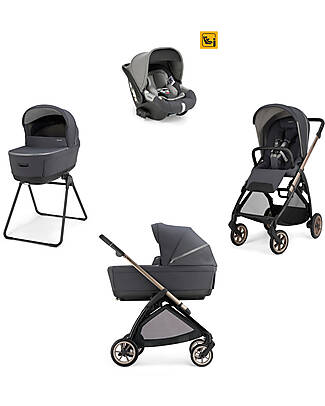 Inglesina Electa System Quattro - Garage Grey - Stroller + Standup Bassinet + Darwin Infant I-Size Car Seat + Bronze Black Frame Trio and Duo Strollers