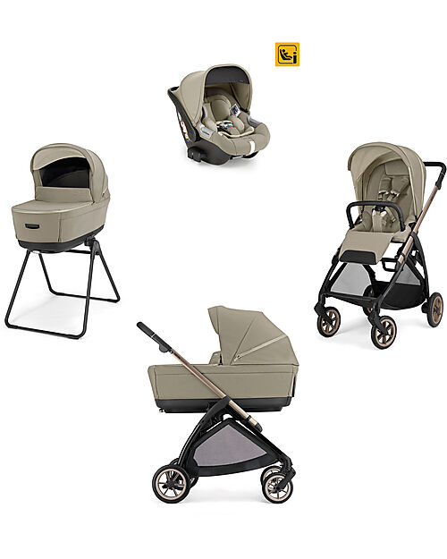 Inglesina Electa System Quattro - Hangar Beige - Stroller + Standup Bassinet + Darwin Infant I-Size Car Seat + Bronze Black Frame Trio and Duo Strollers