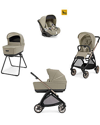Inglesina Electa System Quattro - Hangar Beige - Stroller + Standup Bassinet + Darwin Infant I-Size Car Seat + Bronze Black Frame Trio and Duo Strollers