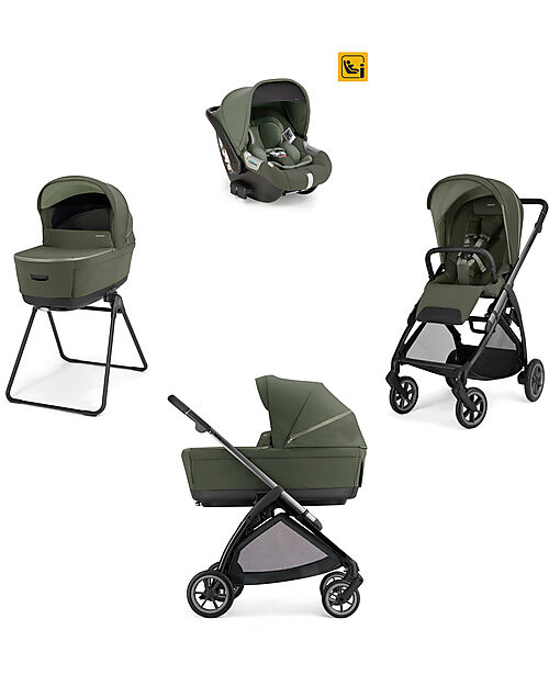 Inglesina Electa System Quattro - Loft Green - Stroller + Standup Bassinet + Darwin Infant I-Size Car Seat + Iron Black Frame Trio and Duo Strollers