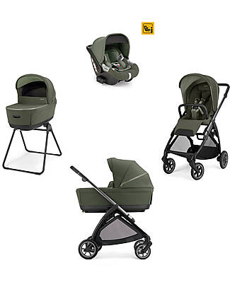 Inglesina Electa System Quattro - Loft Green - Stroller + Standup Bassinet + Darwin Infant I-Size Car Seat + Iron Black Frame Trio and Duo Strollers
