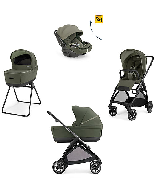 Inglesina Electa System Quattro - Loft Green - Stroller + Standup Bassinet + Seat Darwin Recline EVO + Iron Black Frame Trio and Duo Strollers