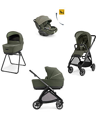 Inglesina Electa System Quattro - Loft Green - Stroller + Standup Bassinet + Seat Darwin Recline EVO + Iron Black Frame Trio and Duo Strollers