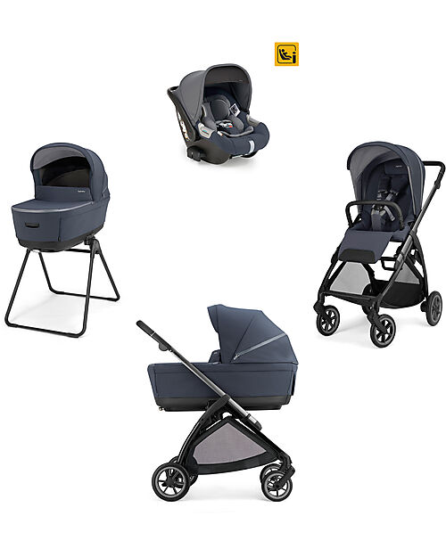 Inglesina Electa System Quattro - Rooftop Blue - Stroller + Standup Bassinet + Darwin Infant I-Size Car Seat + Iron Black Frame Trio and Duo Strollers
