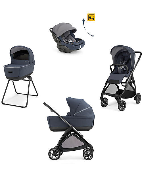 Inglesina Electa System Quattro - Rooftop Blue - Stroller + Standup Bassinet + Seat Darwin Recline EVO + Iron Black Frame Trio and Duo Strollers