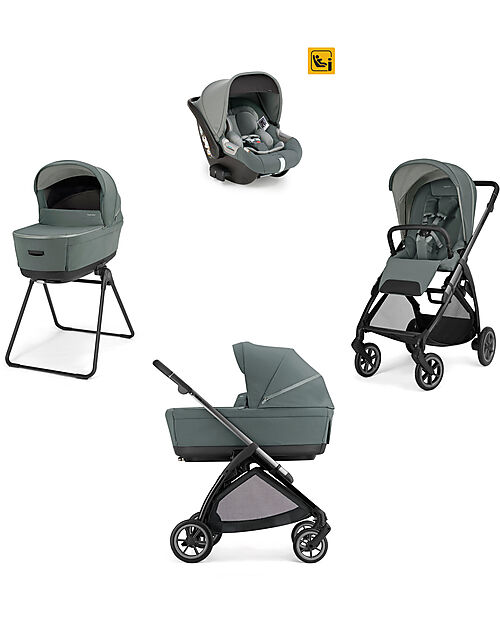 Inglesina Electa System Quattro - Studio Grey - Stroller + Standup Bassinet + Darwin Infant I-Size Car Seat + Iron Black Frame Trio and Duo Strollers
