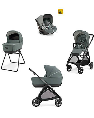 Inglesina Electa System Quattro - Studio Grey - Stroller + Standup Bassinet + Darwin Infant I-Size Car Seat + Iron Black Frame Trio and Duo Strollers