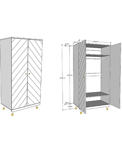 Jaxx Billy Wardrobe - White - 2 Doors - 100 x 59,2 x 200 cm - Solid Pine Wood and MDF Wardrobes