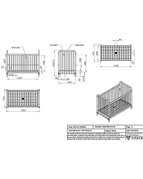 Jaxx Bronxx Babybed - Matt Denim Blue - 60 x 120 cm - Metal - with Slats Included Cots and Cotbeds
