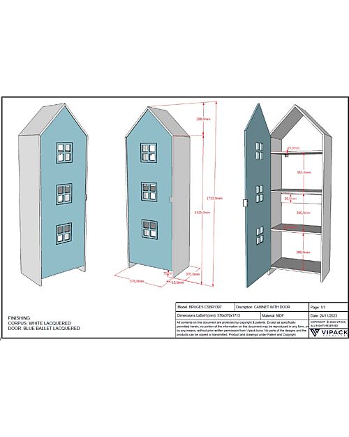 Jaxx Casami Bruges Wardrobe - Blue - 1 Door - 57,6 x 37 x 171,5 - MDF Wardrobes
