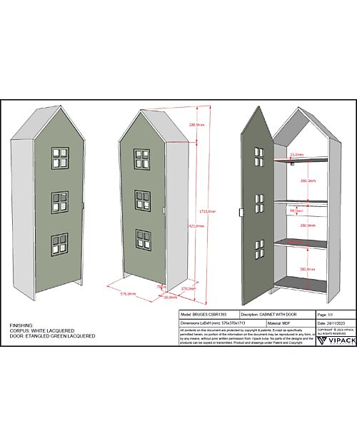 Jaxx Casami Bruges Wardrobe - Green - 1 Door - 57,6 x 37 x 171,5 - MDF Wardrobes
