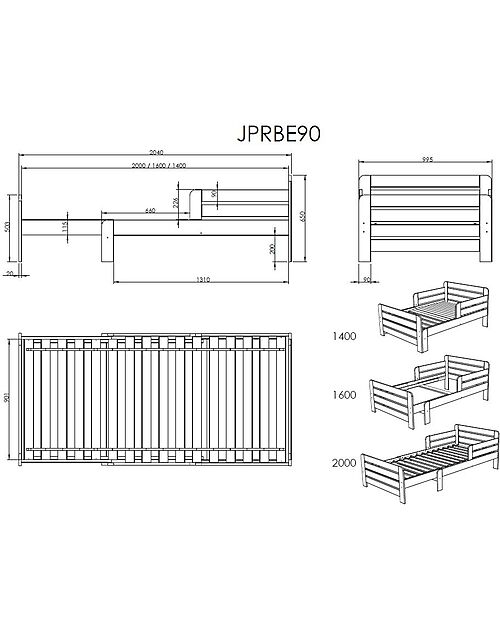 Jaxx Jumper Transformable Bed - Gray - 90 x 140/160/200 cm - Pine Wood - with Slats Included Convertible Beds