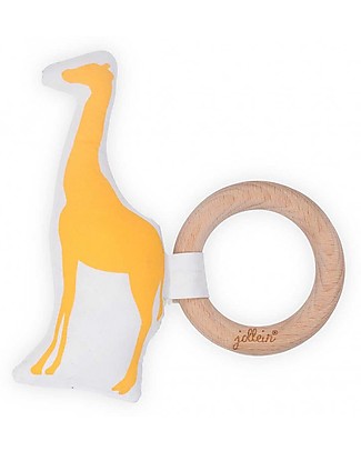 Jollein Wooden Teething Ring with Cotton Decoration Safari, Giraffe Yellow Teethers