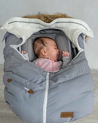Juddlies Designs OUTLET Infant Car Seat Cover, Herringbone Grigio - Showroom Sample Footmuffs