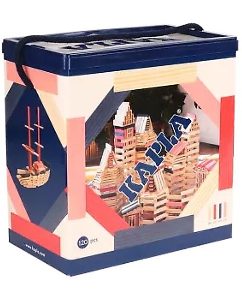 Kapla OUTLET - Set of 120 Planks - Natural, Dark Blue, Pink, Red - Wood - Showroom Sample Wooden Blocks and Construction Sets