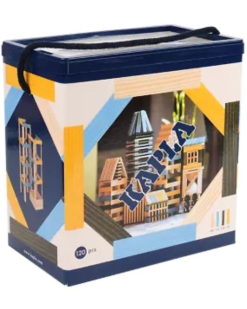 Kapla Set of 120 Planks - Natural, Sky, Yellow, Green - Wood - Funny and Educational! Wooden Blocks and Construction Sets