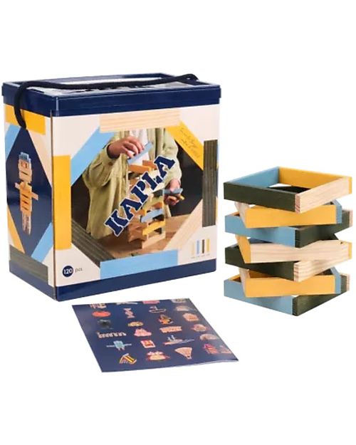 Kapla Set of 120 Planks - Natural, Sky, Yellow, Green - Wood - Funny and Educational! Wooden Blocks and Construction Sets