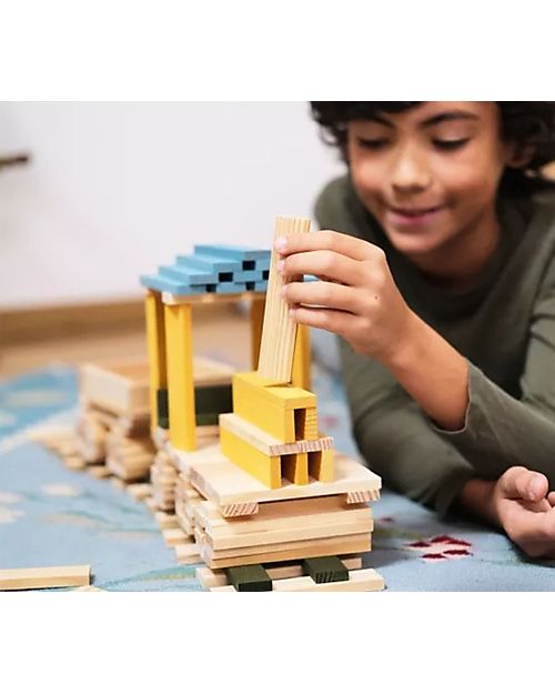 Kapla Set of 120 Planks - Natural, Sky, Yellow, Green - Wood - Funny and Educational! Wooden Blocks and Construction Sets