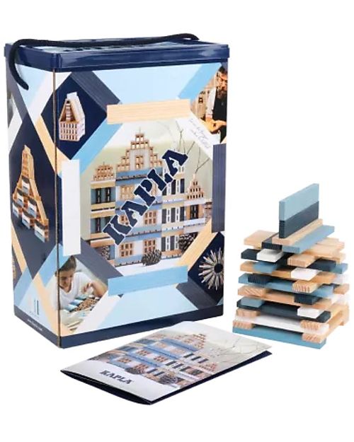Kapla Set of 200 Planks - Natural, Blue, Sky, White - Wood - Funny and Educational! Wooden Blocks and Construction Sets