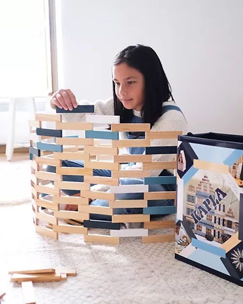 Kapla Set of 200 Planks - Natural, Blue, Sky, White - Wood - Funny and Educational! Wooden Blocks and Construction Sets