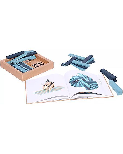 Kapla Set of 40 Planks With Art Book - Dark and Light Blue -  Wood Wooden Blocks and Construction Sets