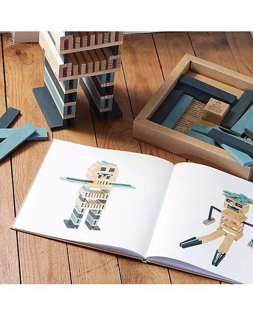 Kapla Set of 40 Planks With Art Book - Dark and Light Blue -  Wood Wooden Blocks and Construction Sets