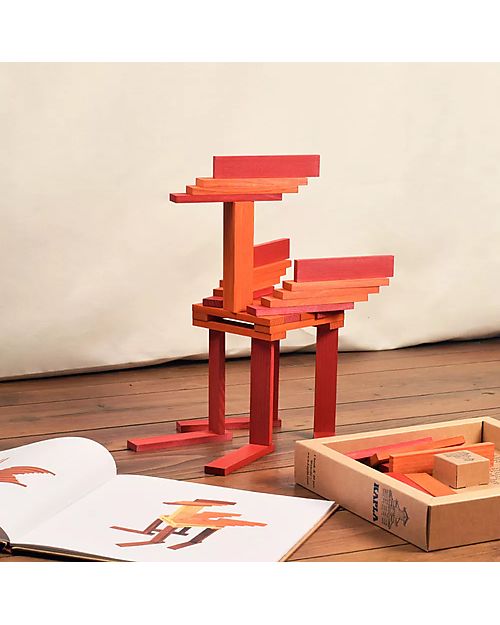 Kapla Set of 40 Planks With Art Book - Red and Orange -  Wood Wooden Blocks and Construction Sets