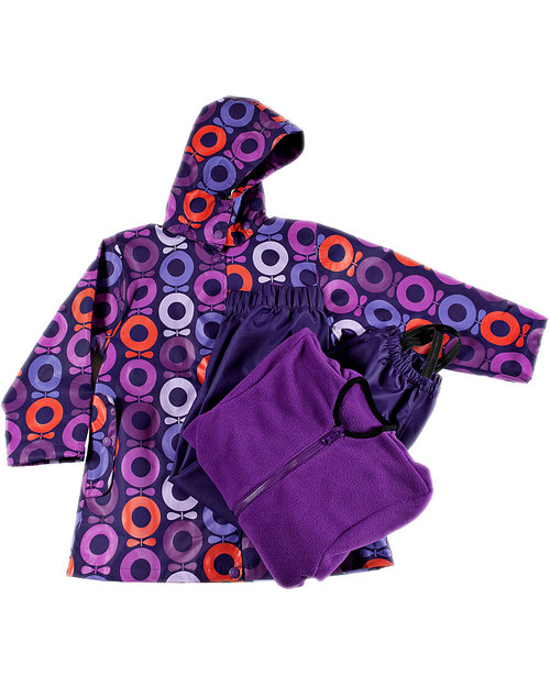 Katvig Two Piece Rain Set for Girls - Rain Jacket with detachable fleece lining - Purple Big Apple print PLUS Waterproof Trousers Purple - 100% Recycled Waterproof