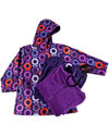 Katvig Two Piece Rain Set for Girls - Rain Jacket with detachable fleece lining - Purple Big Apple print PLUS Waterproof Trousers Purple - 100% Recycled Waterproof