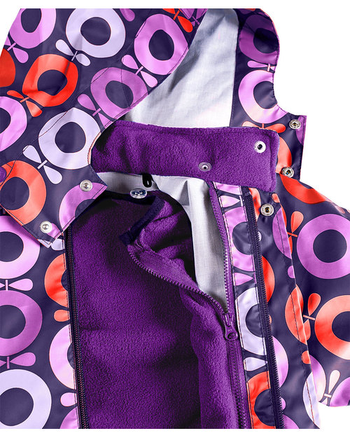 Katvig Two Piece Rain Set for Girls - Rain Jacket with detachable fleece lining - Purple Big Apple print PLUS Waterproof Trousers Purple - 100% Recycled Waterproof
